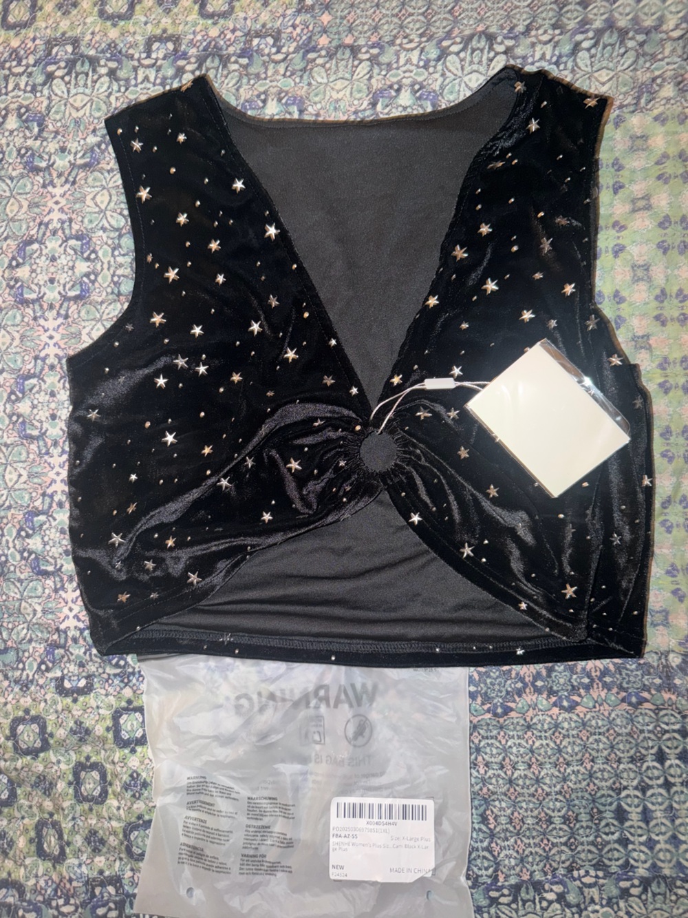 Black Star-Embellished Velvet Bodysuit with Ring Detail- never worn (Amazon pic)